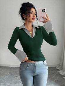 SHEIN Raffinéa 蓝色条纹印花撞色女式简约V领Polo衫，弹力修身打底，适合休闲、夜店、商务休闲、音乐会、办公室等场合穿着，尽显老钱风范。纯色罗纹针织面料，高弹力，超柔软舒适，亲肤贴身，修身剪裁，休闲日常性感派对街头度假旅行约会必备，春夏秋冬新款喇叭袖长袖T恤。 - 墨綠色 - 查看 3