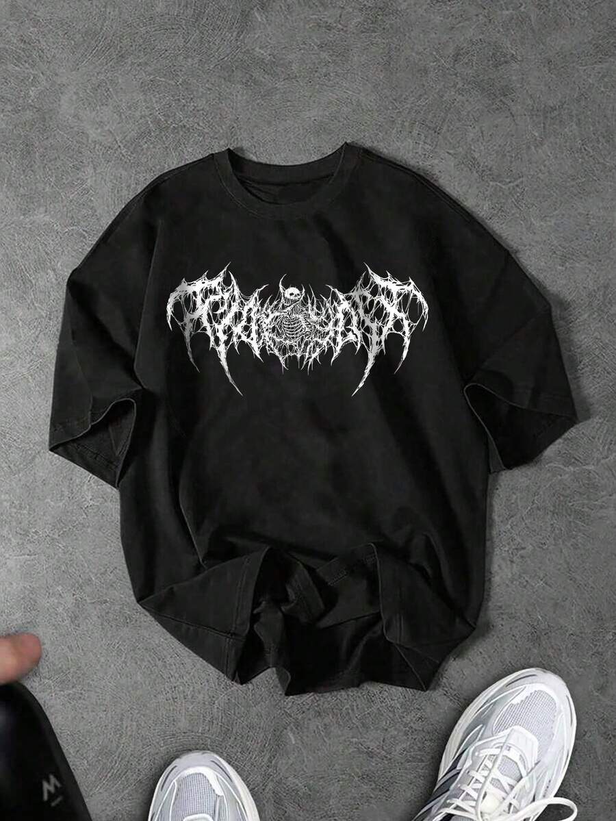 Sport MetroGents 男士骷髅印花宽松圆领短袖运动T恤 - 黑色 - 查看 1