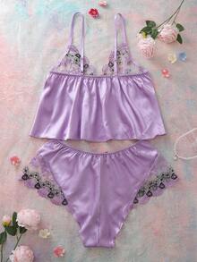2pcs Sexy Embroidered Sheer Patchwork Women's Lingerie Set - Purple - View 7