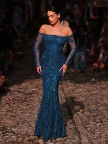 Aureia 优雅浪漫的朦胧蓝色露肩蕾丝边长袖透视腰部扭结装饰荷叶边鱼尾连衣裙，适合网红、约会、度假、单身派对、婚礼派对、正式晚宴（精致设计） - 霧霾藍 - 查看 7