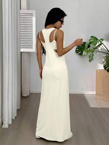 SHEIN EZwear 女士不对称领口无袖休闲连衣裙，夏季内置胸罩连衣裙，杏色 - 杏色 - 查看 2