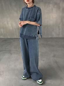 FRIFUL Women's Round Neck Drop Shoulder Zip Side Pocket Top And Pants Casual Loose Denim Set - Blue - View 7