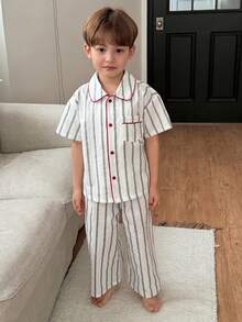 Dazy Kids Young Boy Striped Mandarin Collar Short Sleeve Single-Breasted Top And Pants Pajama Set - White - View 3