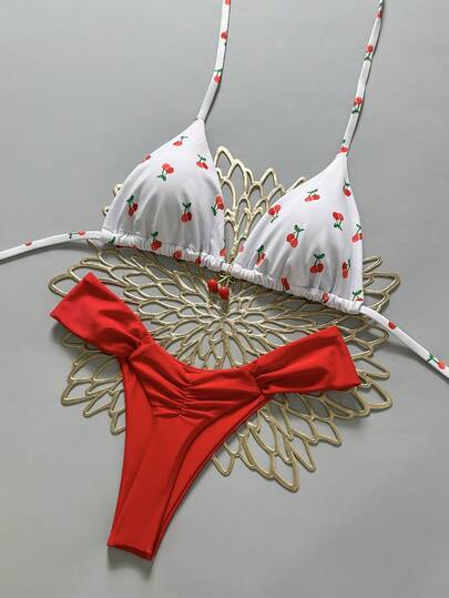 Swim Mod Set de 2 piezas, parte superior de bikini triángulo con estampado de cerezas aleatorio y Bottom, traje de baño sexy de verano para mujeres