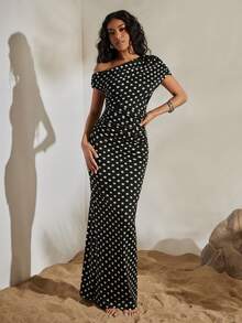 Opulessa Women's Polka Dot Pattern Ruched Shoulder Fitted Elegant Dress Suitable For Beach Vacation, Casual, Holiday ,Going Out, Party, Beach - Black - View 2
