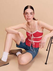 lacRébo Red Chiffon Cami Top With Satin Bow Tie Front Detail And Lace Panel French Boho Top Spring Summer Vacation Top Holiday Top - Red - View 3