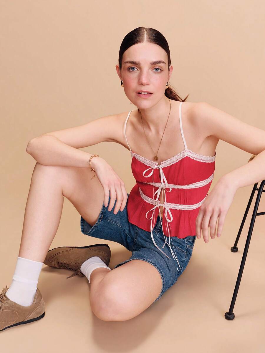 lacRébo Red Chiffon Cami Top With Satin Bow Tie Front Detail And Lace Panel French Boho Top Spring Summer Vacation Top Holiday Top - Red - View 1