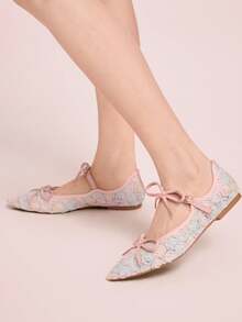 CUCCOO DOLLMOD Sepatu Flat Mary Jane Wanita Berwarna-warni dengan Bordir Bunga Jala, Modis, Pita Ganda, Lucu, Elegan, Sepatu Musim Semi - MultiWarna - View 5