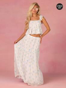Athîral Women's White And Blue Floral 2-Piece Set,Summer Boho Vacation Holiday Cute Short Sleeve Top And Long Skirt,Floral Print Beach Outfit - Yellow - View 1