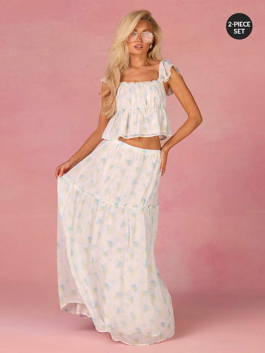 Athîral Women's White And Blue Floral 2-Piece Set,Summer Boho Vacation Holiday Cute Short Sleeve Top And Long Skirt,Floral Print Beach Outfit - Yellow - View 1