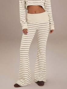 Women's Casual Striped Knit Flare Pants - Apricot - View 6