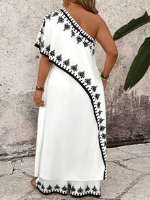 Breezaya Plus Size Women's Elegant Black And White Graphic Print Asymmetric Collar Split Top And Long Pants 2 Pieces Set,Summer Boho Holiday Tea Party Outfits - Black and White - View 2