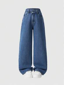 SHEIN Explorewe Tween Girls Fashion Cross Shaped Rhinestone Decor Wide Leg Jeans, High Waist Front Button Multiple Pockets Minimalist Mid-Rise Wide Leg Jeans, Casual Daily Wear - Dark Wash - View 1