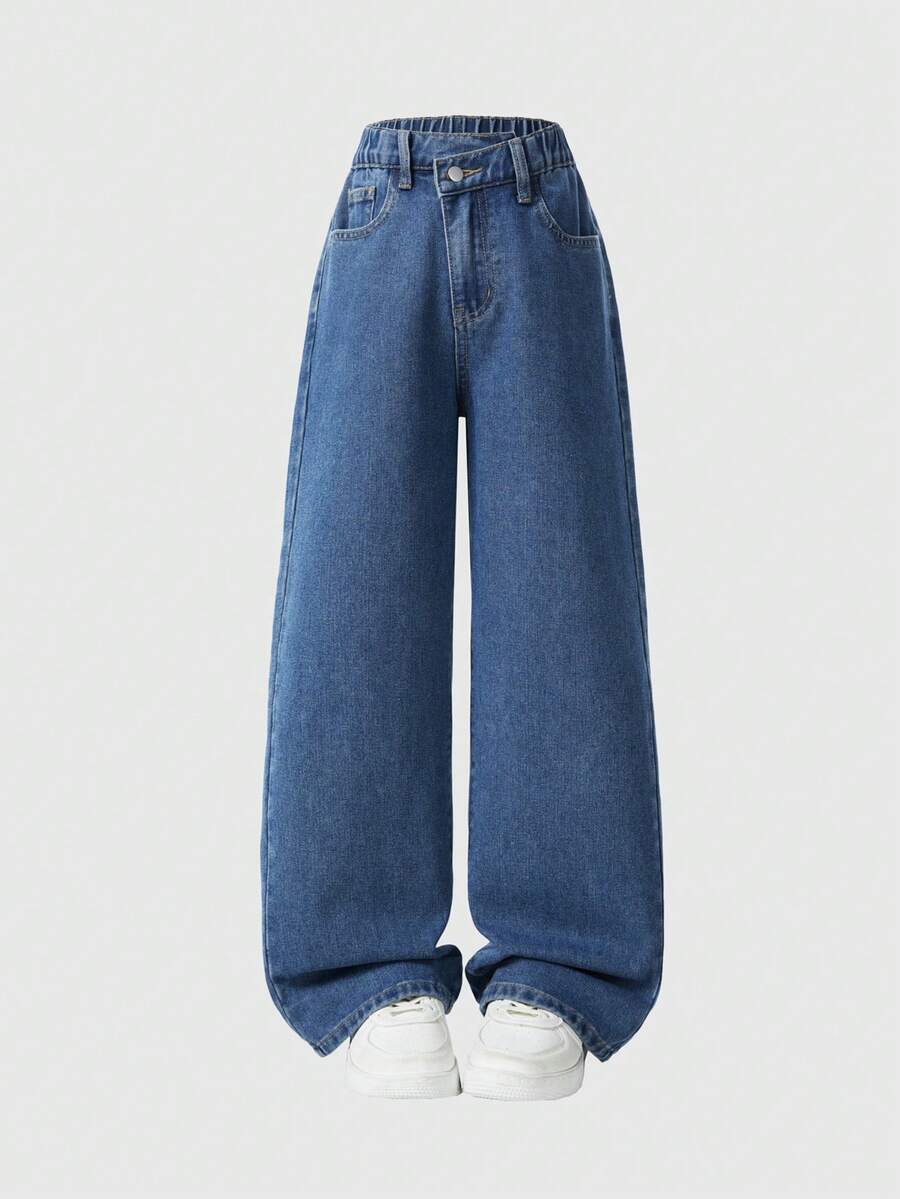 SHEIN Explorewe Tween Girls Fashion Cross Shaped Rhinestone Decor Wide Leg Jeans, High Waist Front Button Multiple Pockets Minimalist Mid-Rise Wide Leg Jeans, Casual Daily Wear - Dark Wash - View 1