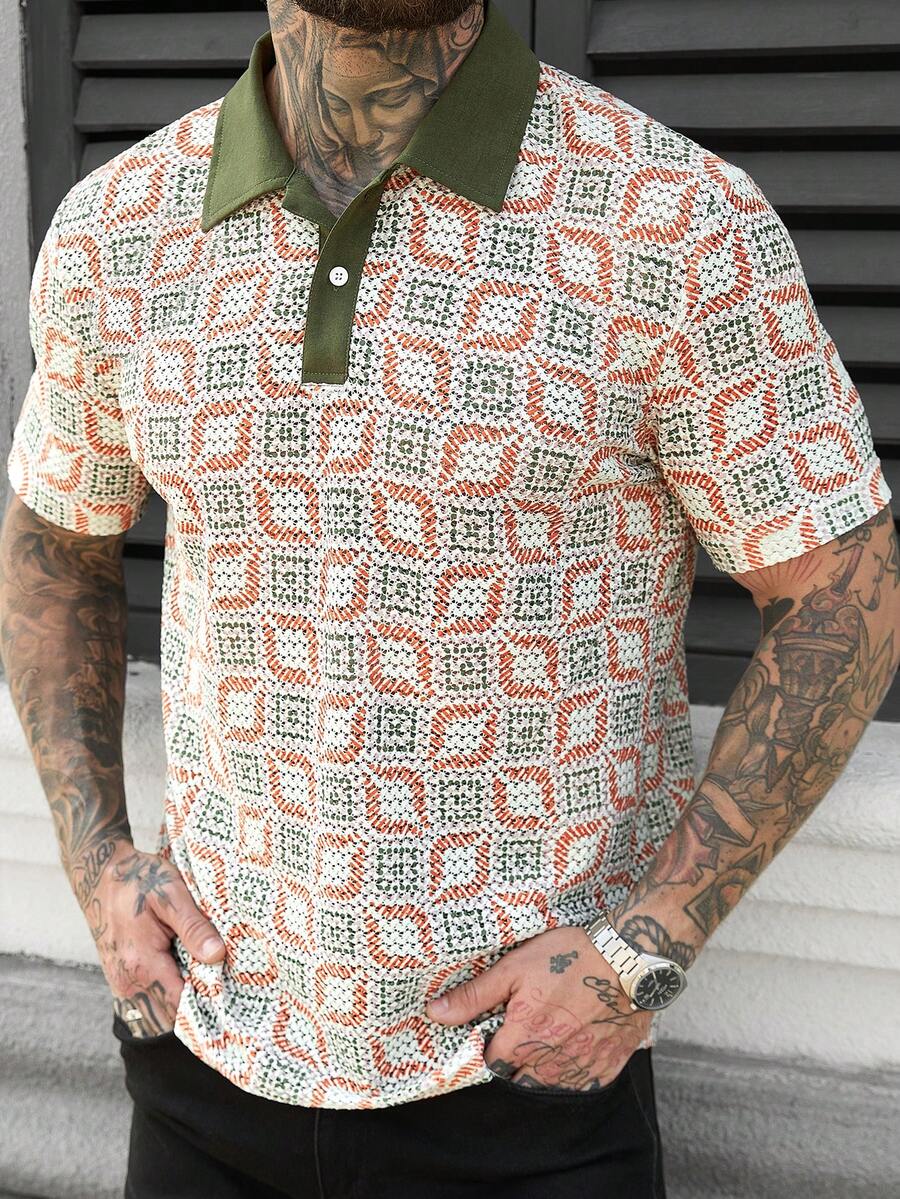 Manfinity CasualCool Áo Polo nam tay ngắn có họa tiết, Áo Polo cổ bẻ phối màu hình học, Áo Polo nam họa tiết kiểu sinh viên, Áo Polo nam chơi golf, Áo Polo in họa tiết vui nhộn. - Nhiều màu - Xem 1