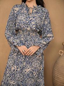 DAZY 印花宽松收腰荷叶边下摆休闲度假长裙女式吊带裙 - 藍色 - 查看 5