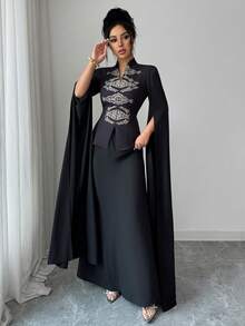 SHEIN Elenzya Middle Eastern Elegant Women's Black Placement Print 2-Piece Set, Chinese Style Outfit With Super Long Slit Flared Sleeves, Symmetrical Gold Foil Print On Front Bodice And Maxi Skirt, Casual Elegant Vacation Party Outfit, Middle Eastern Festival Wear Elegant Woman Clothing Dress With Cape Dress Elegant Two Piece Abaya Modest Formal Dress - Black - View 4