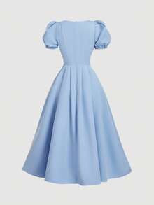 SHEIN MOD 蓝色泡泡袖V领茶歇裙——适合约会、派对、女士春夏装、春假、度假、野餐、节日、生日等场合。 - 藍色 - 查看 6