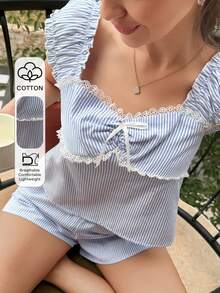 Livesso Sweet Striped Bow Decor Women's Pajama Set, Suitable For Summer Vacation - Blue - View 4