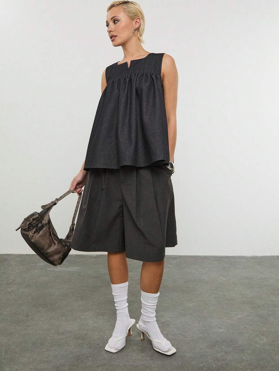 COUREZ Women's Charcoal Gray Sleeveless Denim Smock Layering Top,Chic Everyday Summer Cute Black Structured Pleated Tops Y2K Spring Break Outfits - Black - View 1