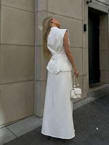 Aloruh New Minimalist Sexy Fashion Commuter Golf Twist Waist Cardigan Vest And Fishtail Skirt Set, Versatile For Party, Music Festival White Summer - Beige - View 2