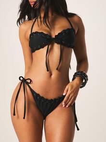 MISSGUIDED Black Eyelet Lace Up Detail Halter Bikini Set With Side Tie String Bottoms Summer Beach Swimwear - Black - View 5