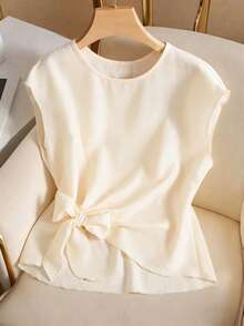 Franclia 优雅圆领休闲百搭不对称下摆系结杏色短袖女式衬衫 - 杏色 - 查看 8