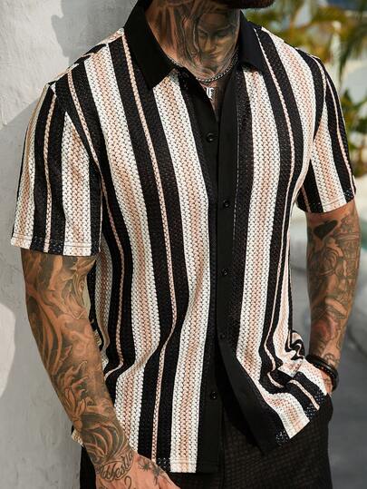 VENTUSAIL Men's Striped Short Sleeve Single-Breasted Casual Shirt,Men Old Money,Daily Leisure, Weekend Trips, Outdoor Activities, Travel Expeditions, Relaxed Work Environments Or Semi-Formal Occasions, Boyfriend/Husband Gift, Anniversary /Birthday Gift Party Summer Vacation Holiday,Wedding,Spring To Summer,Easter,Men's Casual Short Sleeve Knit Top Featuring A Unique Mesh Texture And Bold Vertical Stripes Great For Any Occasion,Men Knitted Button Up,Men Stripe Shirt,Men's Short Sleeve Button Ups,Men Croche
