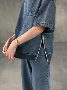 FRIFUL Women's Round Neck Drop Shoulder Zip Side Pocket Top And Pants Casual Loose Denim Set - Blue - View 4