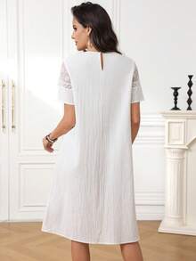 Miaspire Women's Contrast Lace Round Neck Short Sleeve Midi Dress - White - View 2