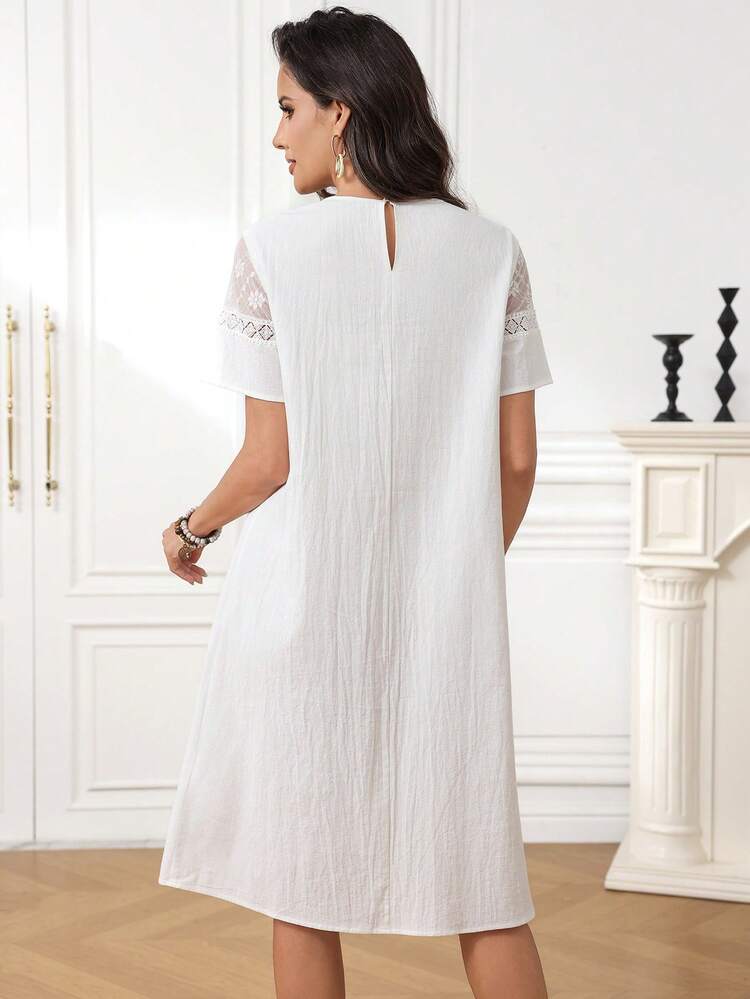 Women's Elegant White Cotton Lace Trim Short Sleeve Loose Shift Dress,Summmer Beach Vacation Outfit,Boho Casual Tea Party Graduation Mother Clothes