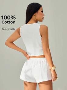 SHEIN PETITE Women's 100% Cotton 2 Pieces Set White Summer Boho Vacation Holiday Solid Color Tie Front Cropped Sleeveless Top And Shorts Casual Co Ord Outfit - White - View 9