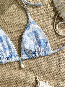 Swim Mod 夏季度假随机印花罗纹贝壳装饰三角罩杯性感女士吊带背心波西米亚风比基尼套装波西米亚风泳装贝壳比基尼波西米亚风泳衣女士三角比基尼上衣比基尼套装女士沙滩装女士比基尼女士比基尼套装女士泳装夏季女士沙滩装 - 彩色 - 查看 4