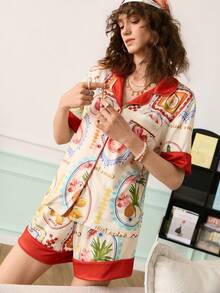 Chillnights 年轻时尚趣味活力草莓、柠檬、樱桃、菠萝水果印花撞色纯色翻领开衫女式睡衣套装休闲套装女式短款睡衣女式真丝睡衣套装女式短袖真丝睡衣女式西式睡衣套装真丝睡衣套装女式短裤真丝睡衣女式夏季睡衣套装女式度假装女式睡衣套装女式夏季服装印花睡衣套装 - 彩色 - 查看 3