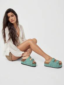 Solezae Open Toe Double Buckle Flatform Sliders Summer Shoes Spring Shoes Spring Break Easter Vacation Shoes Casual Shoes Beach Shoes Mother's Day Present - Mint Green - View 7