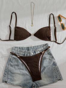 Swim Vcay Bikini de dos piezas de unicolor para mujer, estilo casual de vacaciones - Café integral - Ver 1