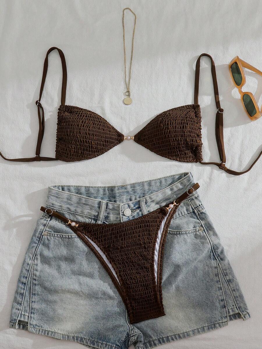 Swim Vcay Bikini de dos piezas de unicolor para mujer, estilo casual de vacaciones - Café integral - Ver 1