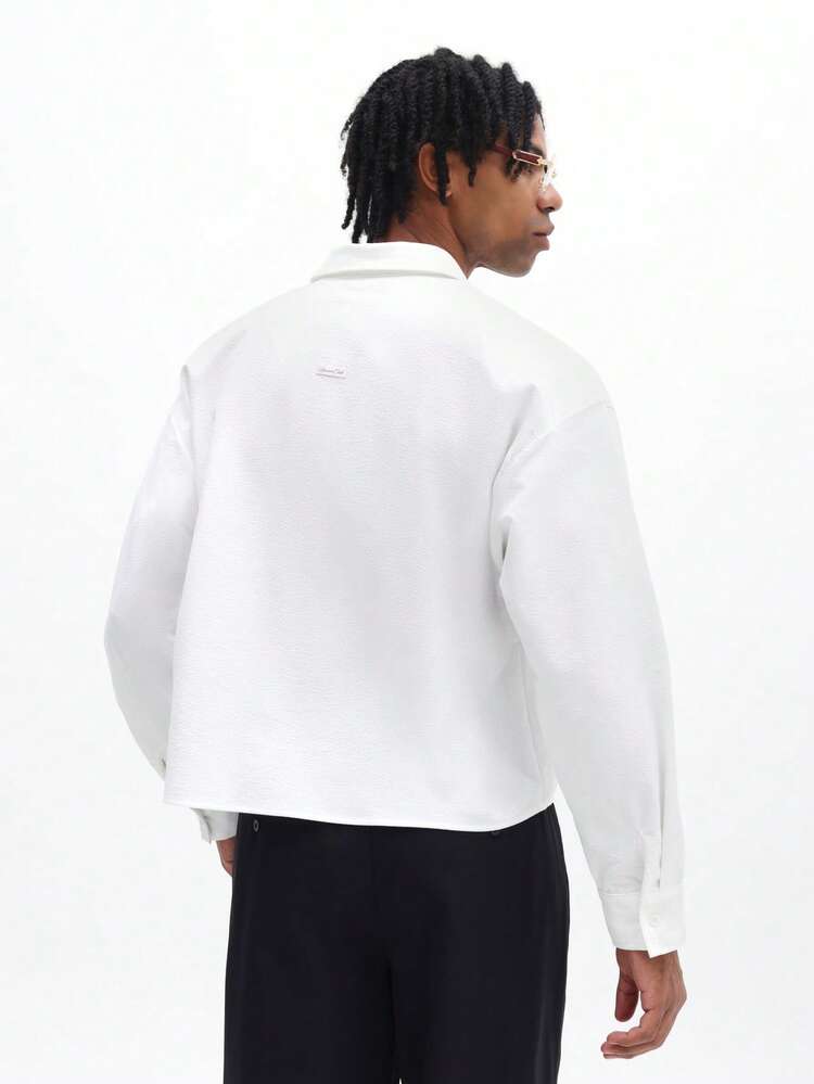 Men's Crop Fit Long Sleeve Textured Shirt With Cuff Branding Classic White Button Down Collared Top With Chest Pockets