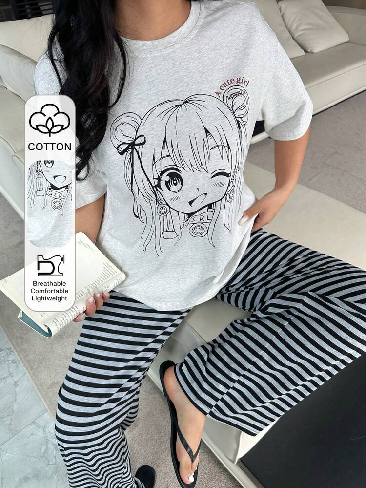 Dazy Plus 2pcs Plus Size Women Cute Cartoon Print Loose Long Sleeve Top And Striped Long Pants Pajama Set, Spring/Autumn