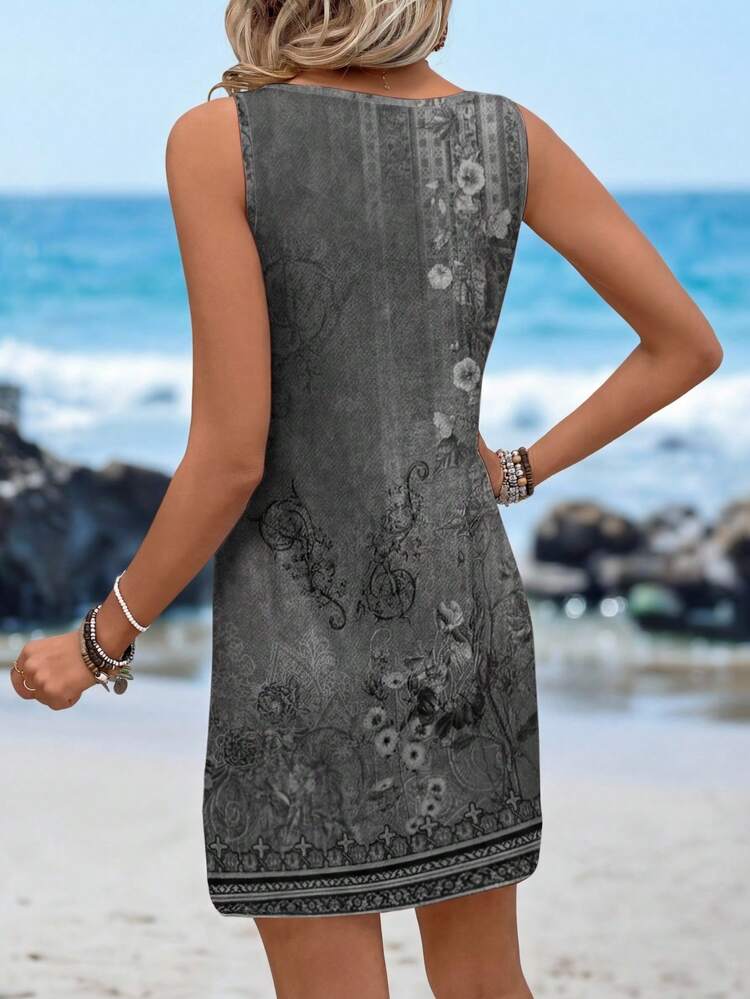 SHEIN LUNE Robe décontracté à imprimé floral sans manches pour femmes - Gris - Voir 2