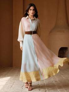 Anewsta Petite Women's Pink Stripe Summer Elegant Brunch Vacation Holiday Colorful Striped Polo Collar Lantern Sleeve Asymmetrical Patchwork Long Dress With Belt , Petite Women - Multicolor - View 4