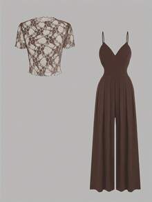 Olithes Conjunto de 2 piezas: Mono de verano sexi tipo tirantes de moda para mujer + Top corto de manga corta con estampado total ajustado - Café integral - Ver 6