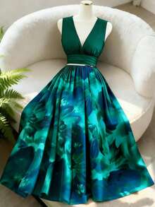 Elenzga 新款无袖梭织印花连衣裙，抽绳腰带设计，优雅度假风百搭女装 - 彩色 - 查看 3