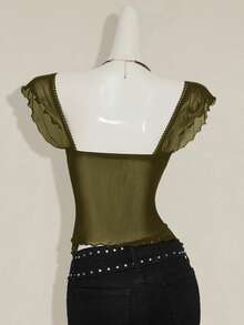 SHEIN ICON Women's Ruched Front Fitted Sexy Mesh Splice Cap Sleeve Backless Casual Vacation Cropped Tank Top - Army Green - View 2