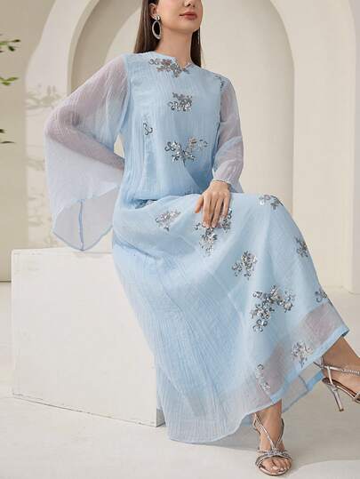 Veilorie Women's Floral Sequin Flare Sleeve Elegant Turkish Maxi Dress