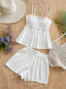 Soleia Nuevo conjunto de 2 piezas de ropa de estar en casa informal de unicolor con camiseta de tirantes y pantalones para mujeres, adecuado para vacaciones, días festivos, playa, vacaciones de primavera, festivales de música, estilo bohemio, escapadas tropicales, romántico y versátil para salidas y citas - Blanco - Ver 4