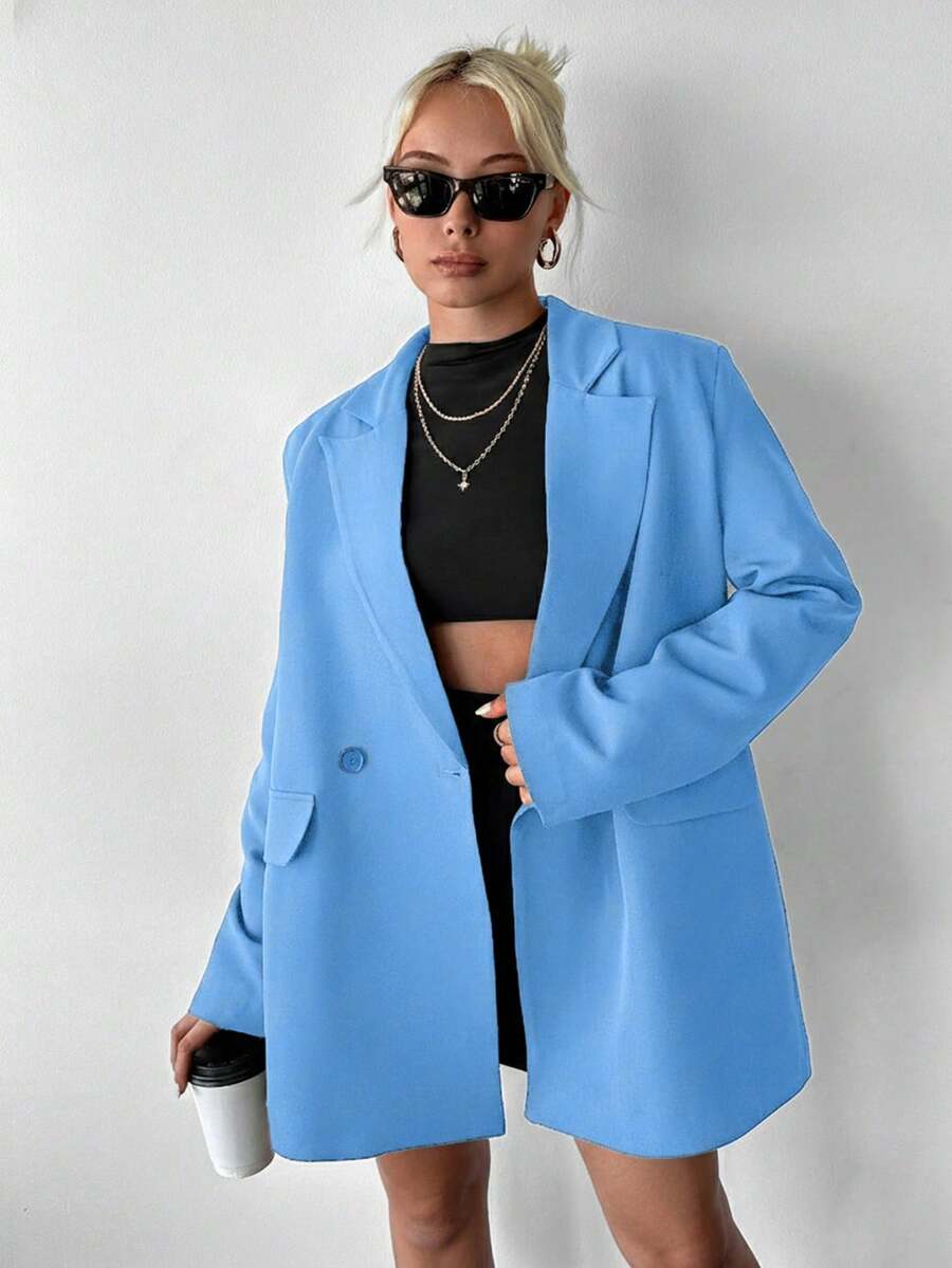 EURMUSE Women's Solid Color Notched Collar Casual Versatile Commuting Long Sleeve Blazer - Baby Blue - View 1