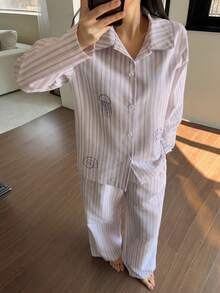 DAZY 2pcs Purple Striped Long Sleeve Cardigan Shirt And Loose Straight Leg Long Pajama Pants Set, Suitable For Spring And Summer - Purple - View 6