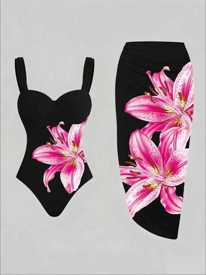 Swim Oasis Maiô feminino de uma peça com estampa floral, alças finas, saída de praia e saia combinando, perfeito para férias.