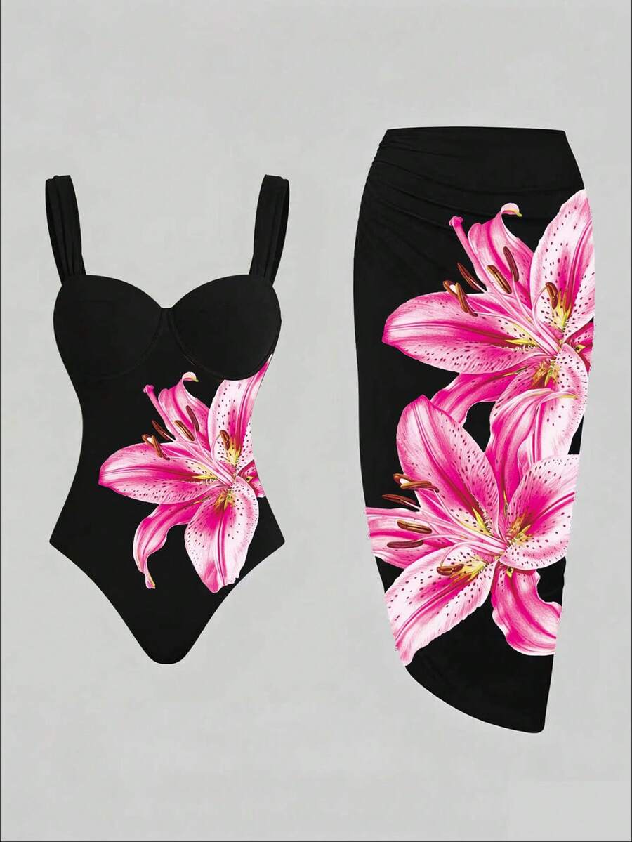 Swim Oasis 女士印花吊带连体泳衣，配有同款罩衫和裙子，度假必备